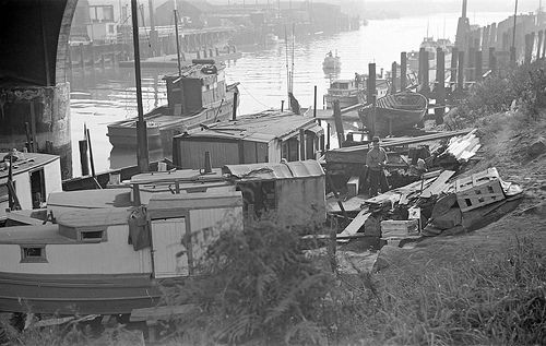 under the georgia viaduct showing fish boats